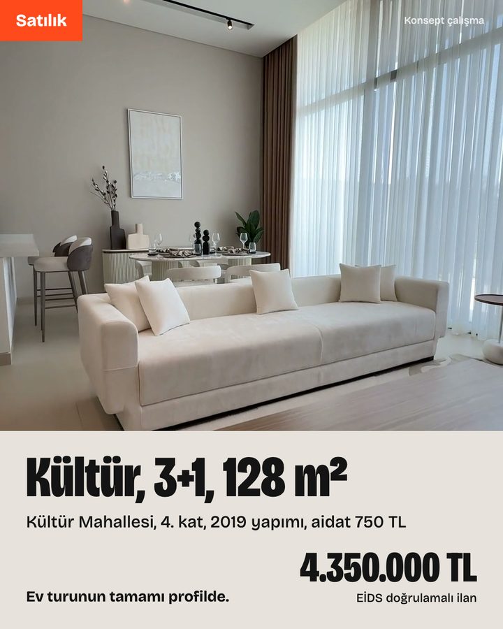 Satılık ilan: Kültür Mahallesi, 3+1, 128 m², 4.350.000 TL